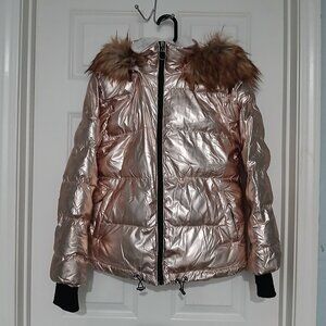Gold Rose Metallic Space Quilted Faux Y2K Fur Hooded Puffer Coat Ladies Sz S